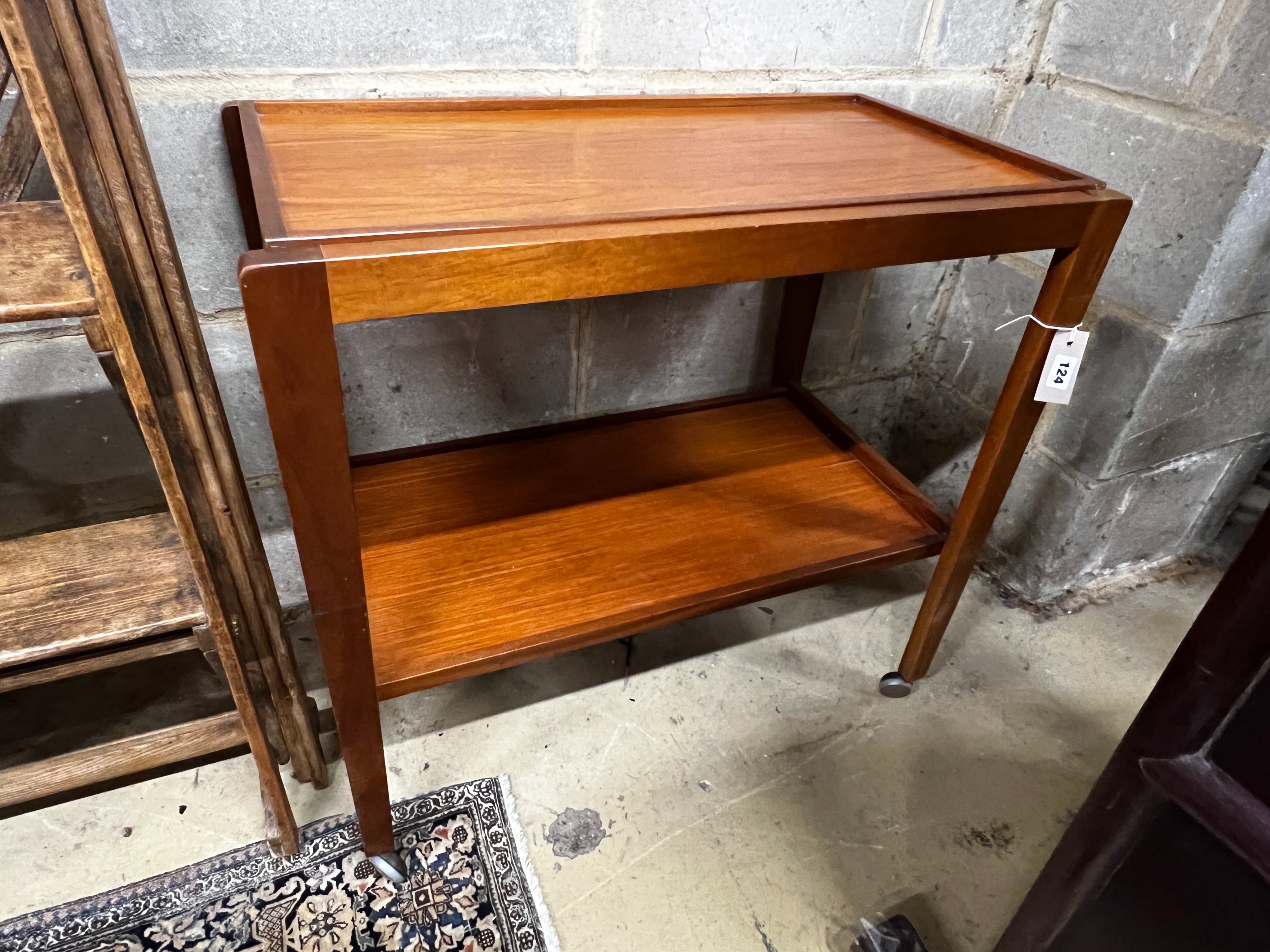 A Remploy teak two tier tea trolley, width 71cm, depth 41cm, height 68cm